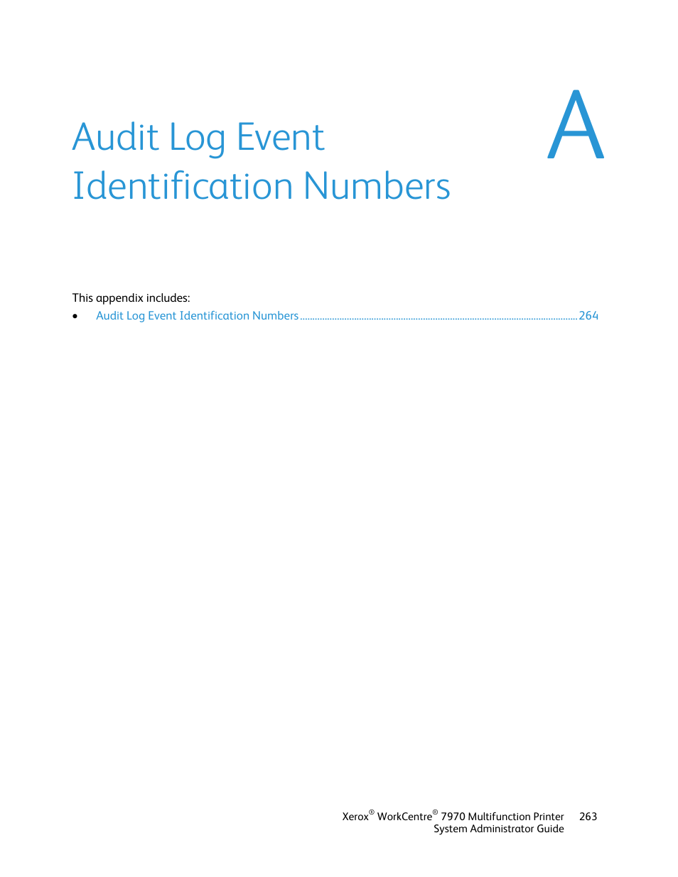 Audit log event identification numbers | Xerox WorkCentre 7970-2606 User Manual | Page 263 / 268