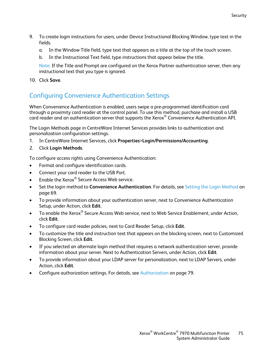 Configuring convenience authentication settings | Xerox WorkCentre 7970-2606 User Manual | Page 75 / 268