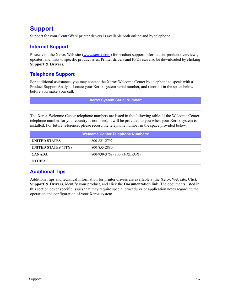 Support, Internet support, Telephone support | Additional tips, Support -7, Internet support -7, Telephone support -7 | Xerox WorkCentre 7655-7665-7675-5897 User Manual | Page 11 / 60