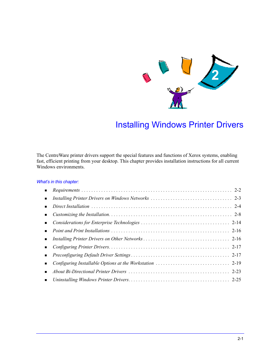 Installing windows printer drivers, Chapter 2, Installing windows printer drivers -1 | Xerox WorkCentre 7655-7665-7675-5897 User Manual | Page 13 / 60