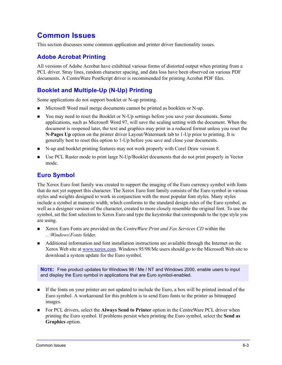 Common issues, Adobe acrobat printing, Booklet and multiple-up (n-up) printing | Euro symbol, Common issues -3 | Xerox WorkCentre 7655-7665-7675-5897 User Manual | Page 55 / 60