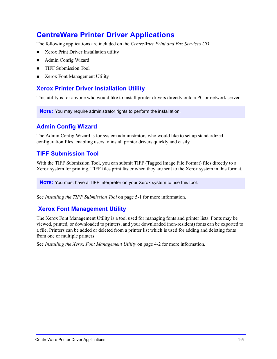 Centreware printer driver applications, Xerox printer driver installation utility, Admin config wizard | Tiff submission tool, Xerox font management utility, Centreware printer driver applications -5 | Xerox WorkCentre 7655-7665-7675-5897 User Manual | Page 9 / 60