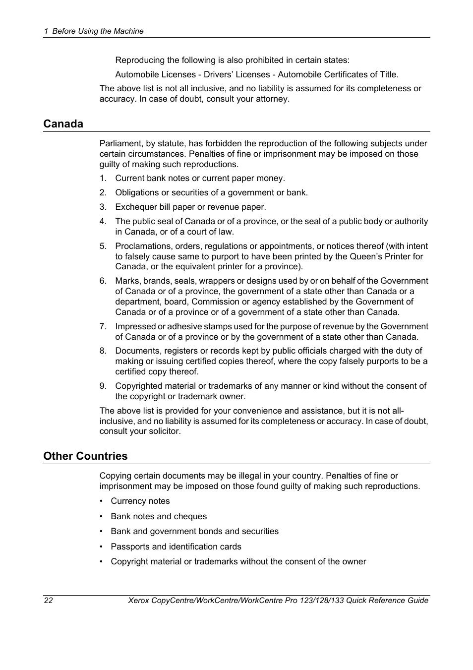 Canada, Other countries, Canada other countries | Xerox WorkCentre M123-M128-3048 User Manual | Page 23 / 115