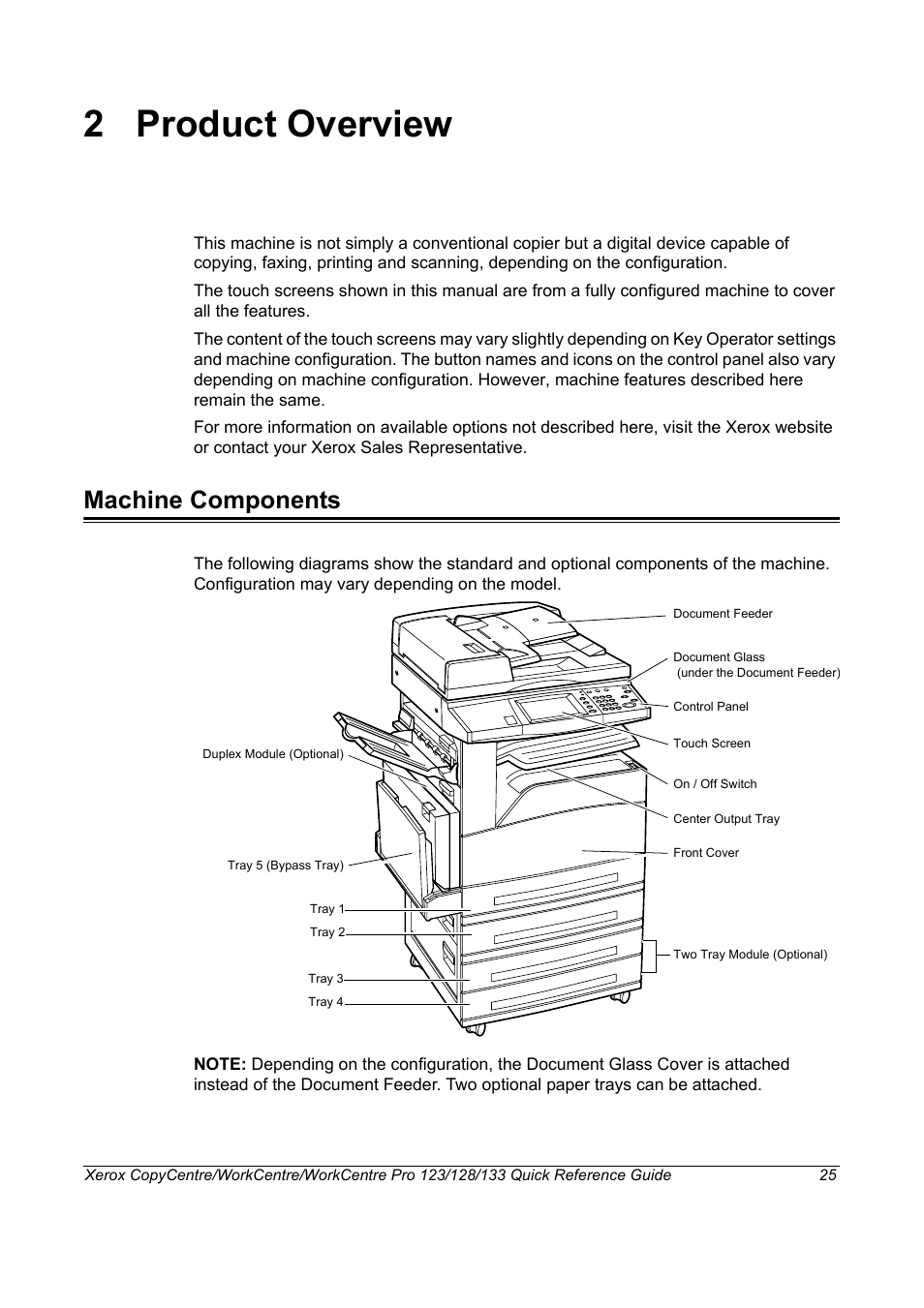 2 product overview, Machine components, Product overview machine components | Xerox WorkCentre M123-M128-3048 User Manual | Page 26 / 115