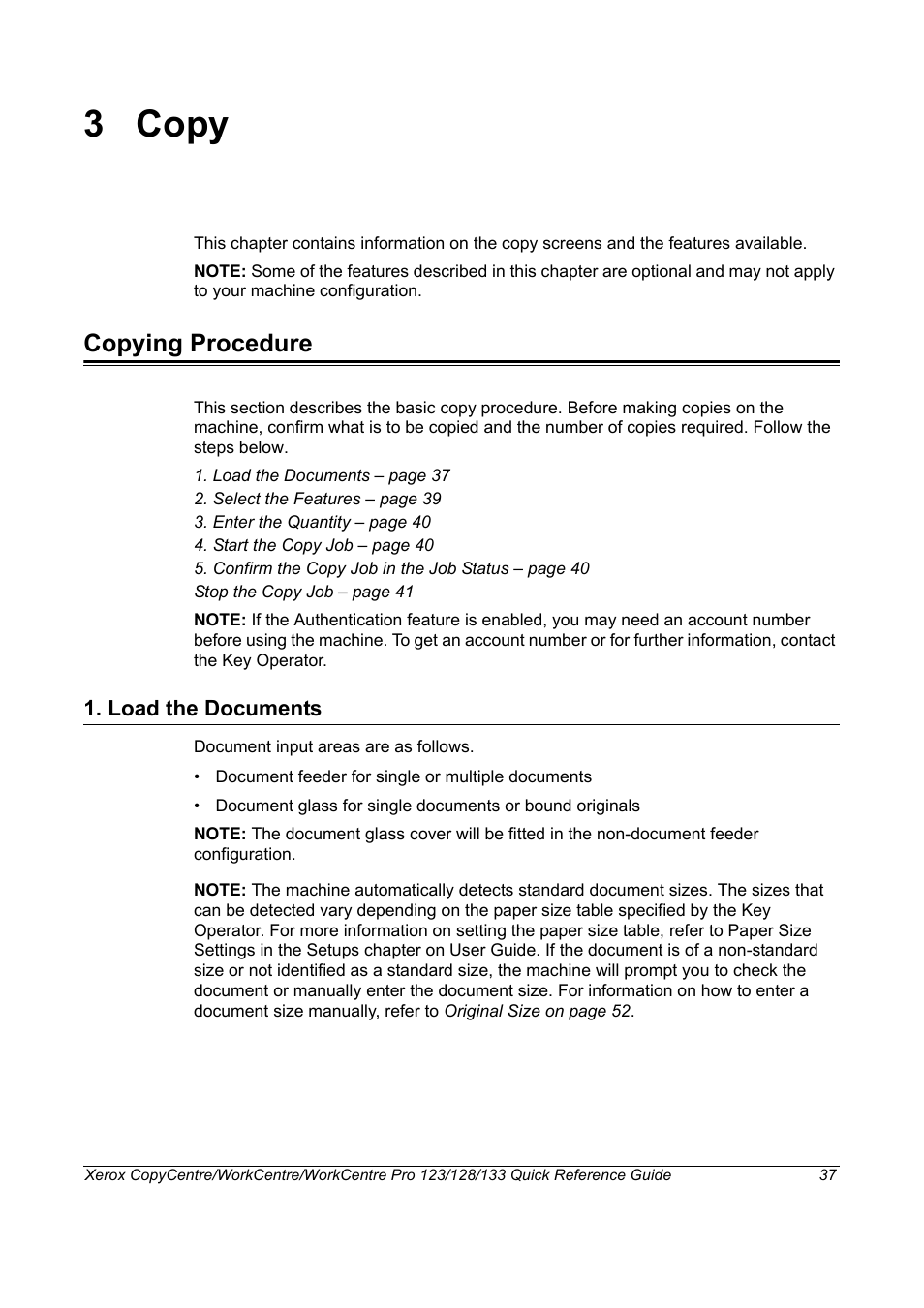 3 copy, Copying procedure, Load the documents | Copy copying procedure | Xerox WorkCentre M123-M128-3048 User Manual | Page 38 / 115
