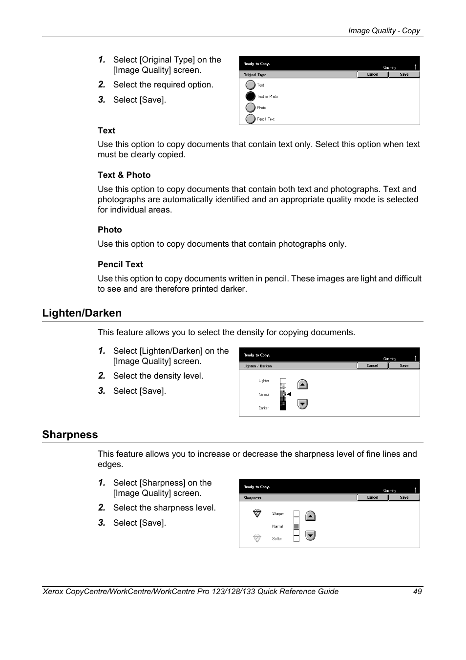 Lighten/darken, Sharpness, Lighten/darken sharpness | Xerox WorkCentre M123-M128-3048 User Manual | Page 50 / 115