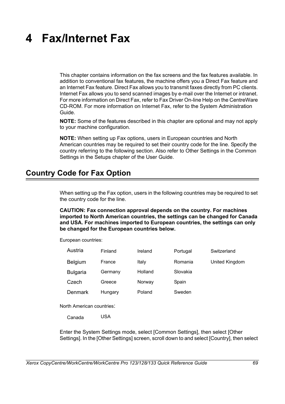 4 fax/internet fax, Country code for fax option, Fax/internet fax country code for fax option | Xerox WorkCentre M123-M128-3048 User Manual | Page 70 / 115