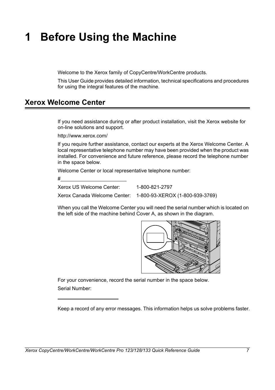 1 before using the machine, Xerox welcome center, Before using the machine xerox welcome center | Xerox WorkCentre M123-M128-3048 User Manual | Page 8 / 115