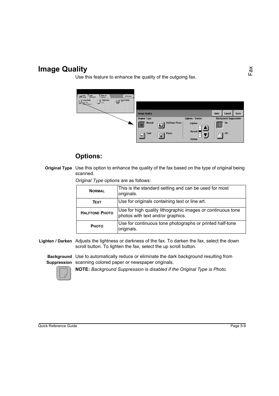 Image quality, Options, Image quality -9 | Fa x | Xerox WorkCentre M45-4033 User Manual | Page 88 / 189