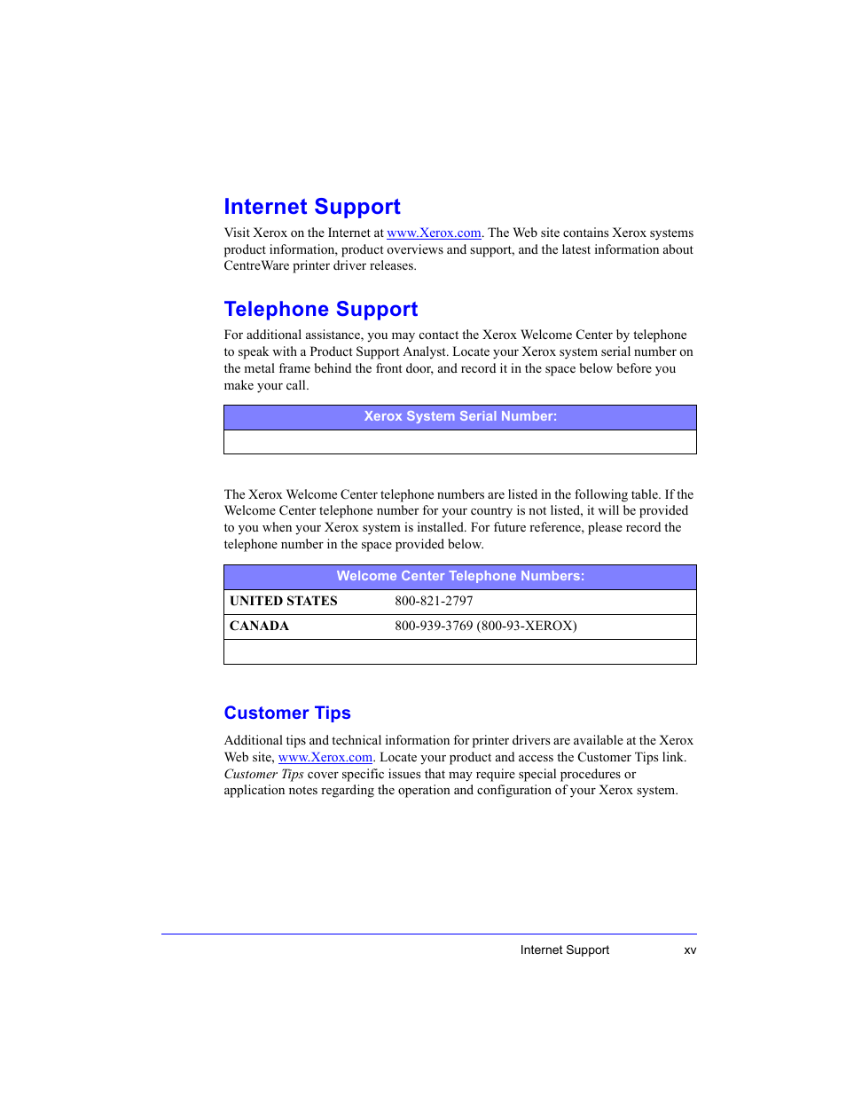 Internet support, Telephone support, Customer tips | Xerox WorkCentre M35-4011 User Manual | Page 15 / 75