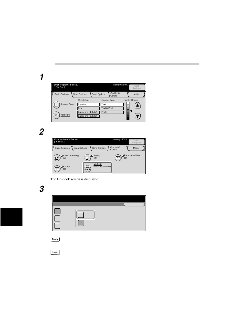 Procedure, Display the fax screen, Select the on-hook in the on-hook/others screen | Select manual send | Xerox WorkCentre M24-3946 User Manual | Page 104 / 332