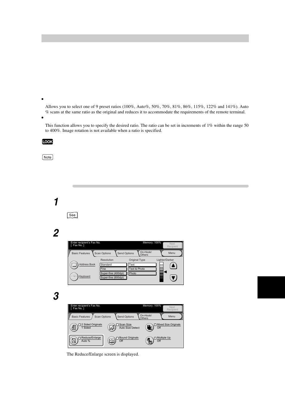 Procedure, Load documents, Display the fax screen | Select reduce/enlarge in the scan options screen | Xerox WorkCentre M24-3946 User Manual | Page 117 / 332