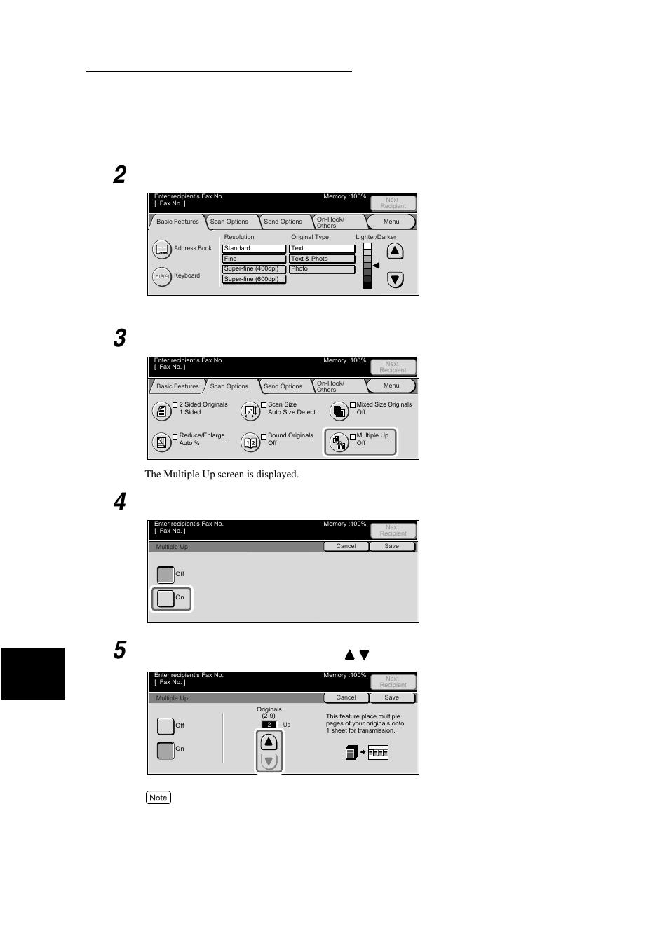 Display the fax screen, Select multiple up in the scan options screen, Select on | Xerox WorkCentre M24-3946 User Manual | Page 122 / 332