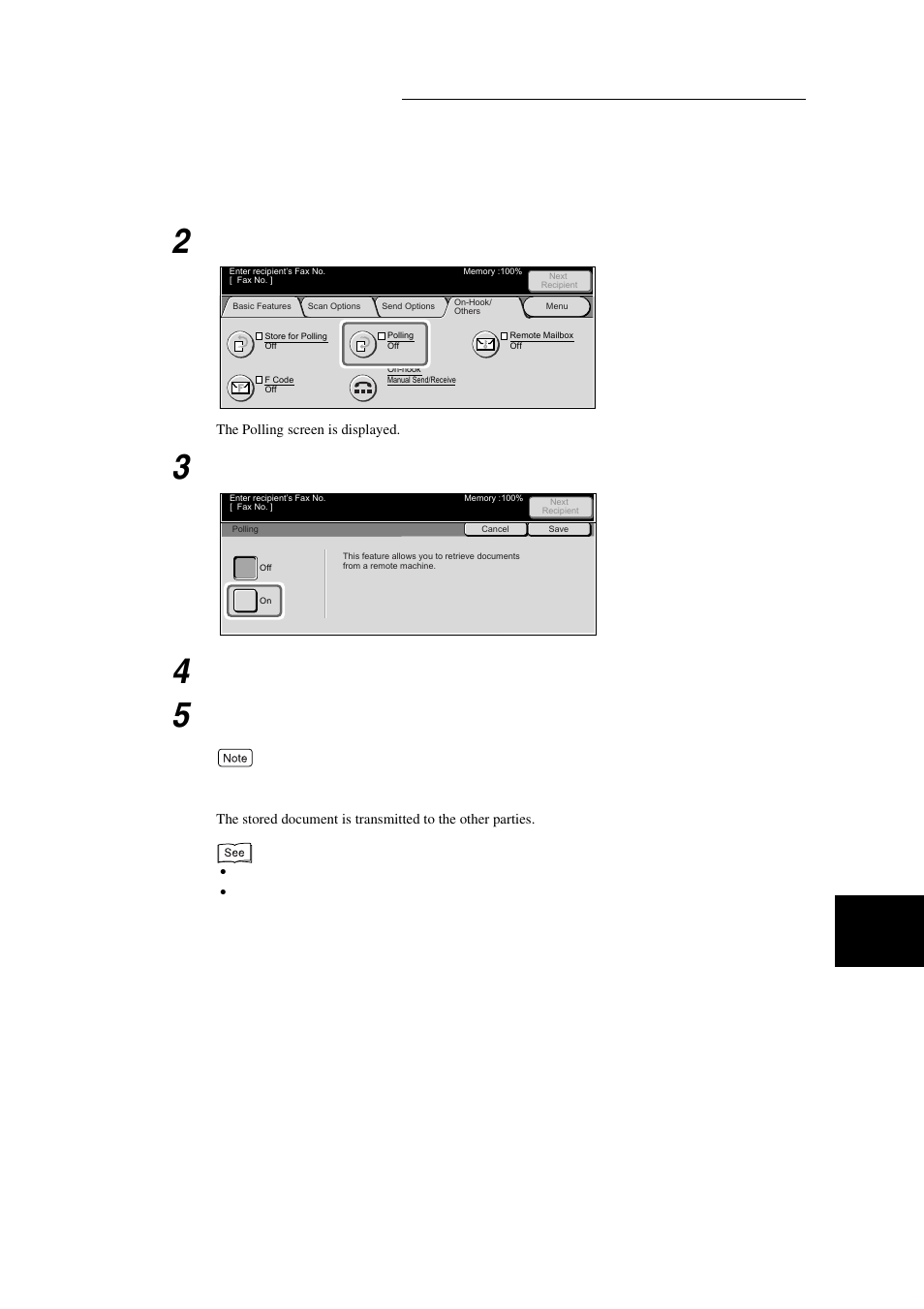 Select polling in the on-hook/others screen, Select on, Select save | Dial a remote party, then press start | Xerox WorkCentre M24-3946 User Manual | Page 141 / 332