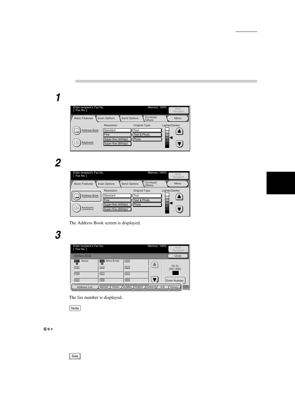 Procedure, Using the address book, Display the fax screen | Select address book in the basic features screen, Tran sm itt ing | Xerox WorkCentre M24-3946 User Manual | Page 53 / 332