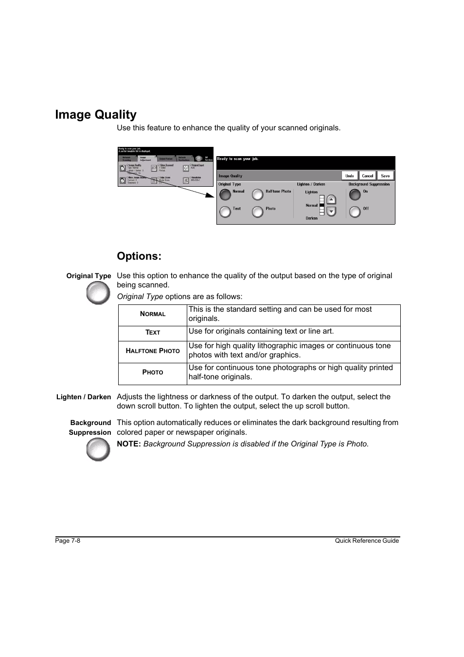Image quality, Options, Image quality -8 | Xerox WorkCentre M165-M175-3093 User Manual | Page 138 / 196
