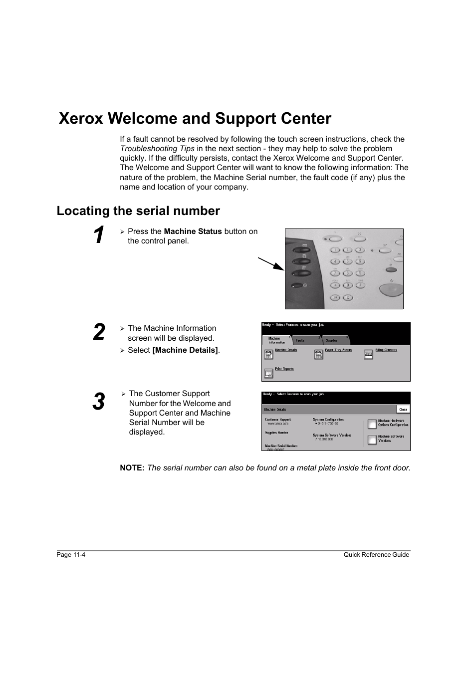 Xerox welcome and support center, Locating the serial number, Xerox welcome and support center -4 | Xerox WorkCentre M165-M175-3093 User Manual | Page 184 / 196