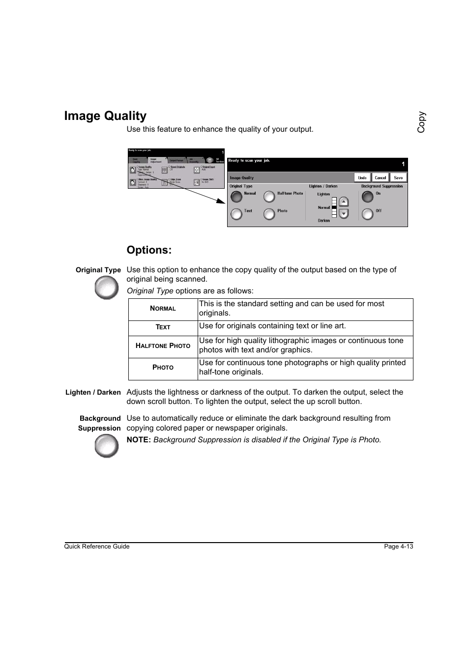 Image quality, Options, Image quality -13 | Co py | Xerox WorkCentre M165-M175-3093 User Manual | Page 61 / 196