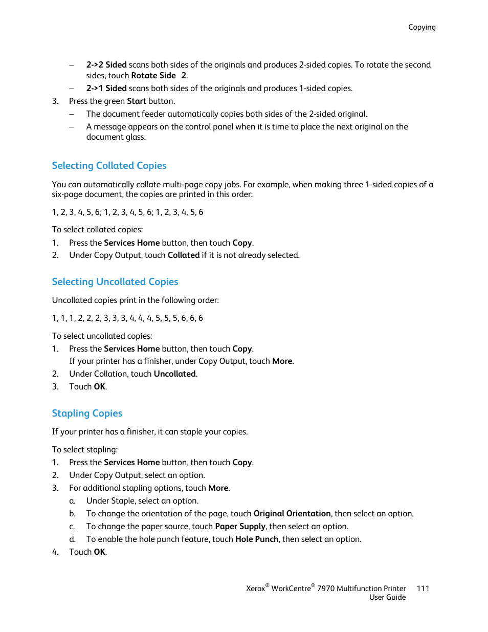 Selecting collated copies, Selecting uncollated copies, Stapling copies | Xerox WorkCentre 7970-3795 User Manual | Page 111 / 316