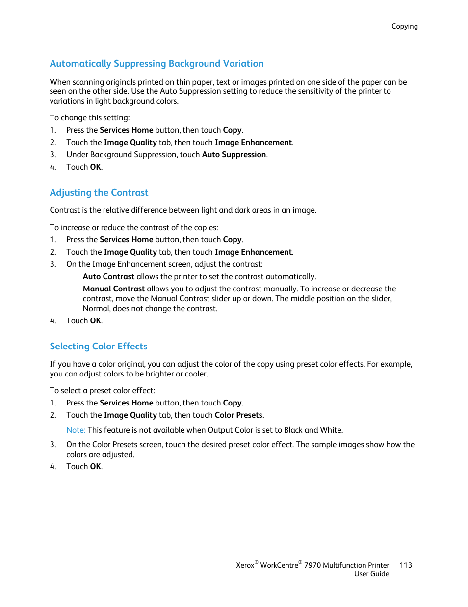 Automatically suppressing background variation, Adjusting the contrast, Selecting color effects | Xerox WorkCentre 7970-3795 User Manual | Page 113 / 316