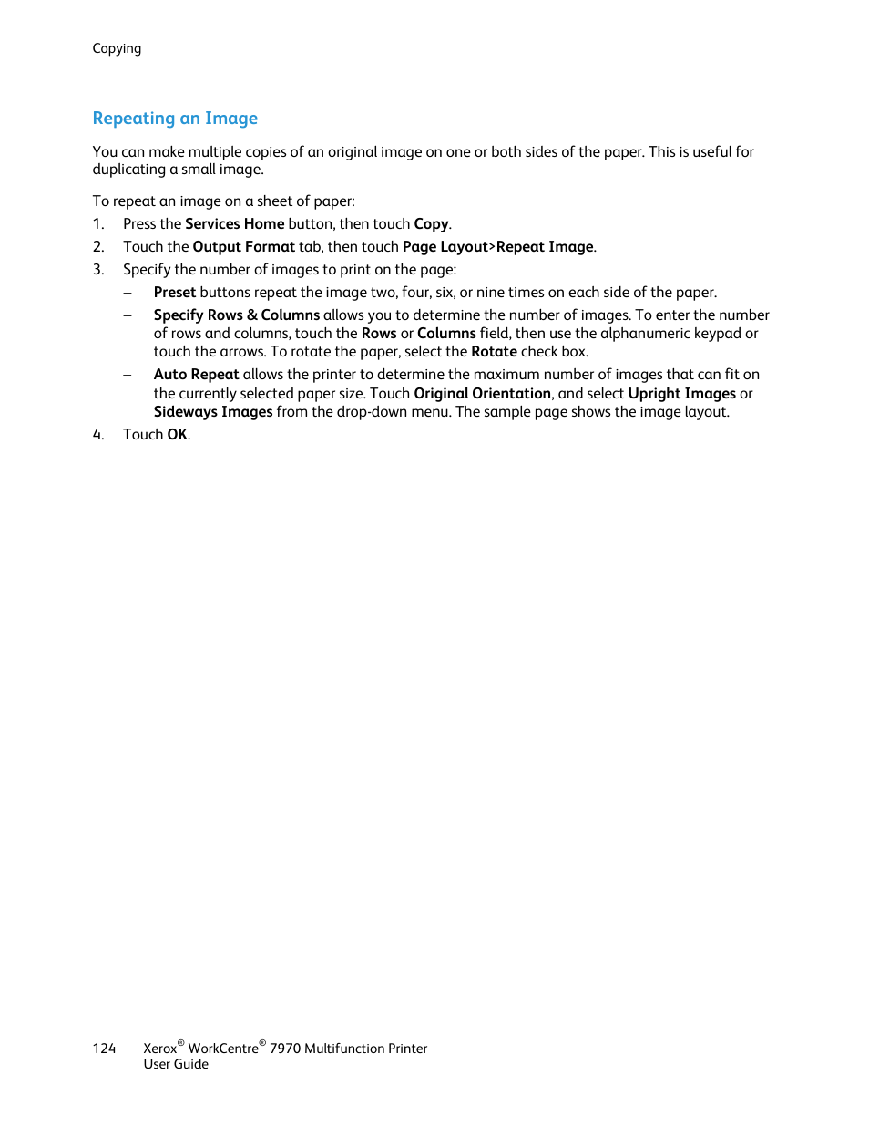 Repeating an image | Xerox WorkCentre 7970-3795 User Manual | Page 124 / 316