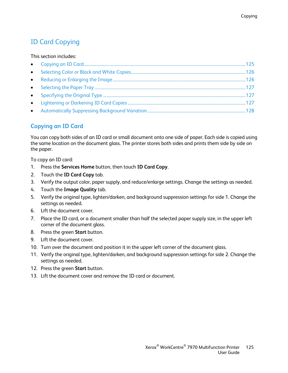 Id card copying, Copying an id card | Xerox WorkCentre 7970-3795 User Manual | Page 125 / 316
