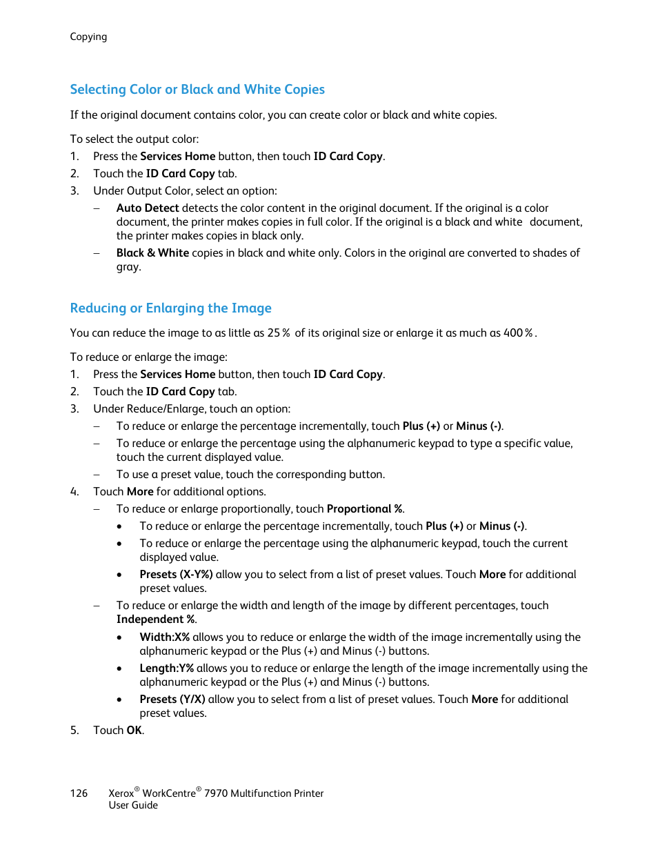 Selecting color or black and white copies, Reducing or enlarging the image | Xerox WorkCentre 7970-3795 User Manual | Page 126 / 316