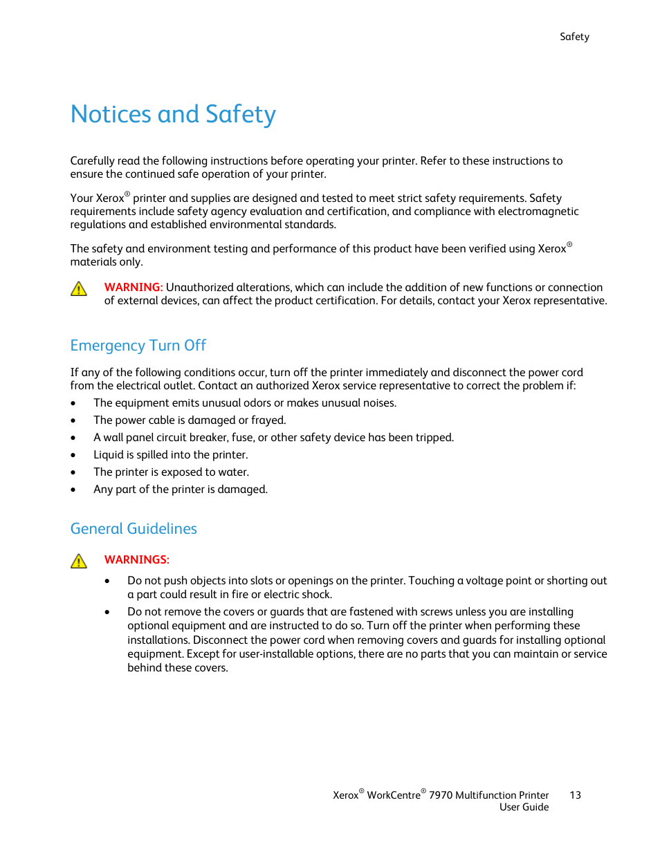 Notices and safety, Emergency turn off, General guidelines | Xerox WorkCentre 7970-3795 User Manual | Page 13 / 316