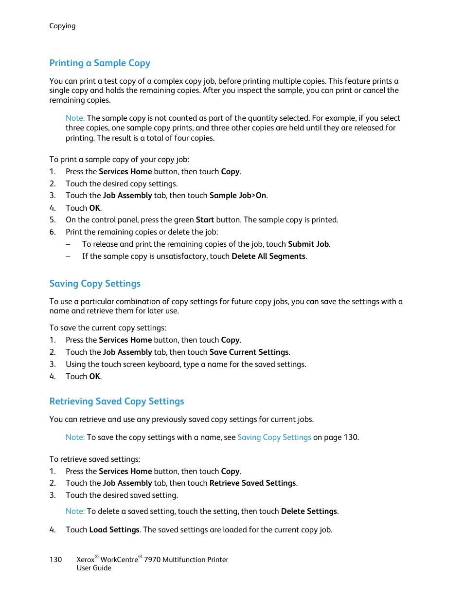 Printing a sample copy, Saving copy settings, Retrieving saved copy settings | Xerox WorkCentre 7970-3795 User Manual | Page 130 / 316