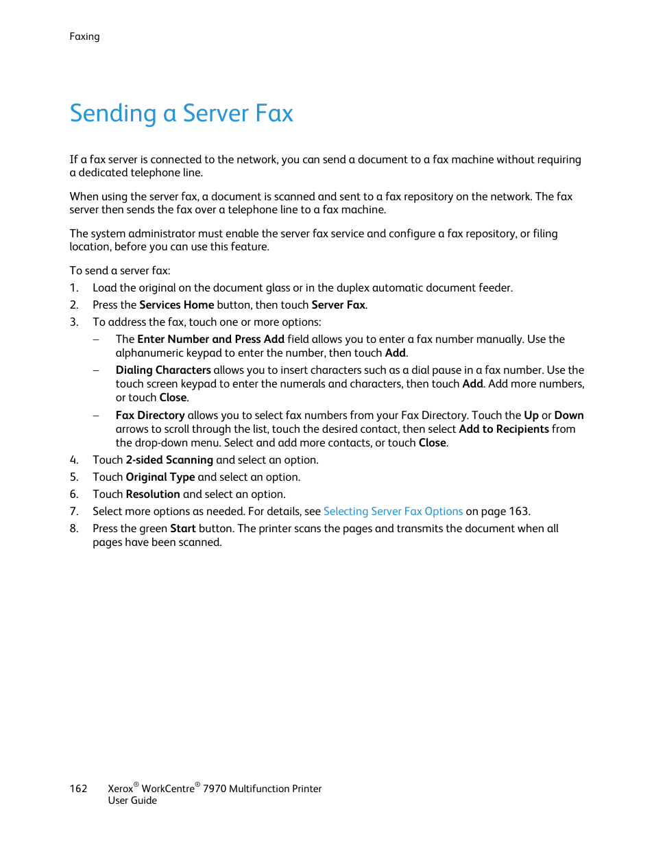 Sending a server fax | Xerox WorkCentre 7970-3795 User Manual | Page 162 / 316