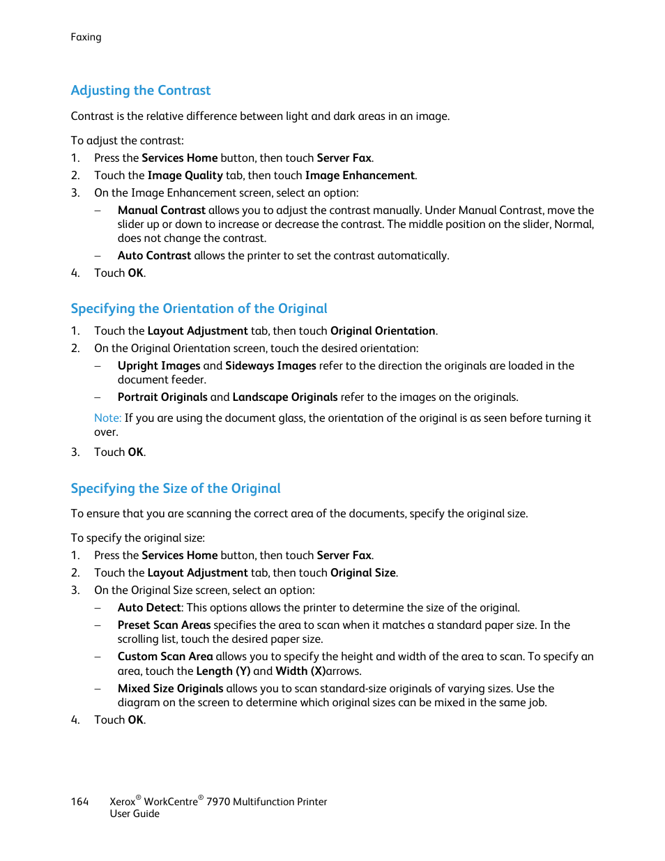 Adjusting the contrast, Specifying the orientation of the original, Specifying the size of the original | Xerox WorkCentre 7970-3795 User Manual | Page 164 / 316