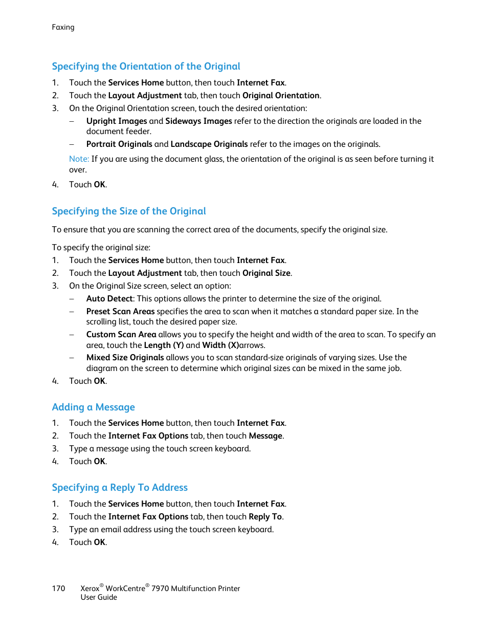 Specifying the orientation of the original, Specifying the size of the original, Adding a message | Specifying a reply to address | Xerox WorkCentre 7970-3795 User Manual | Page 170 / 316