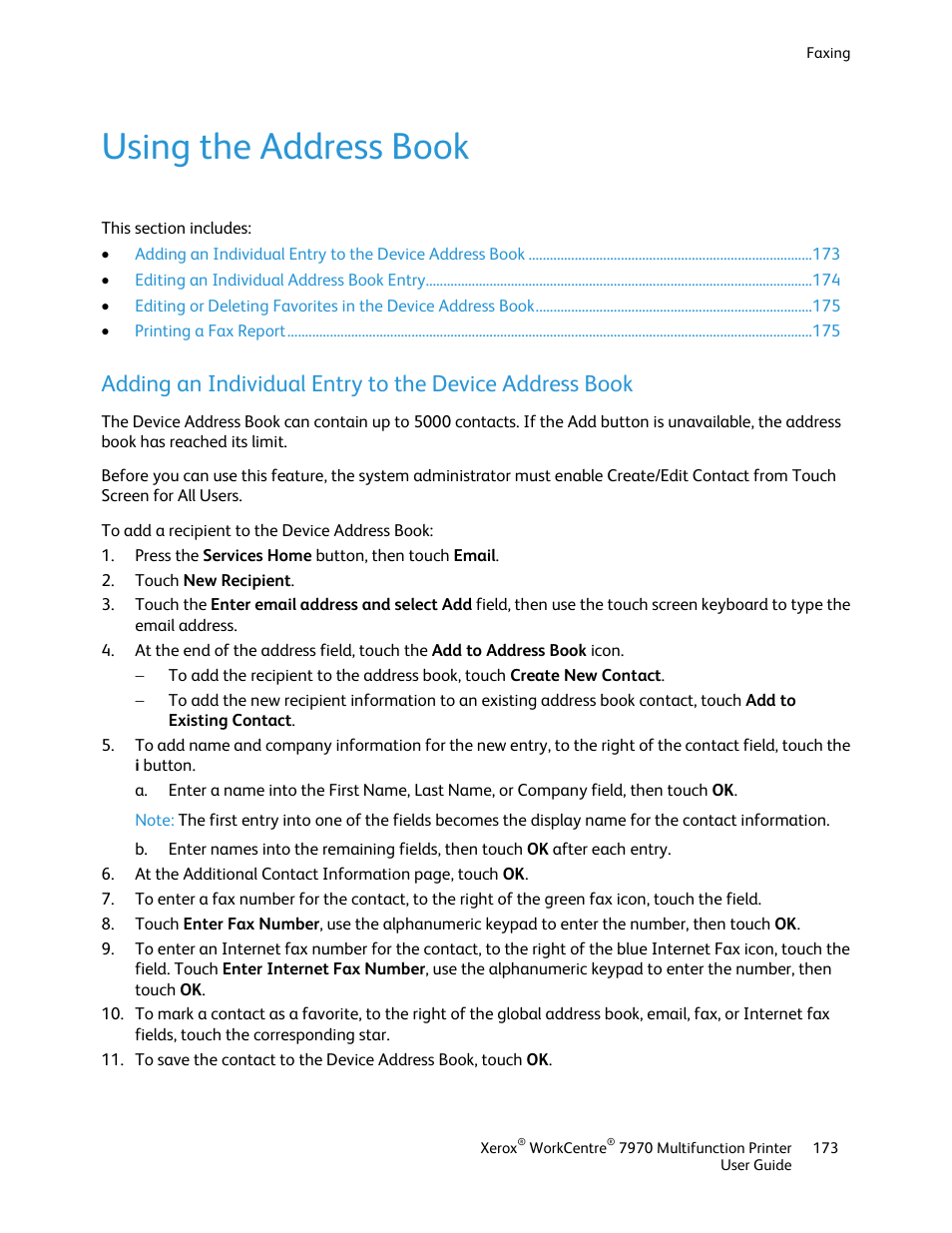 Using the address book | Xerox WorkCentre 7970-3795 User Manual | Page 173 / 316