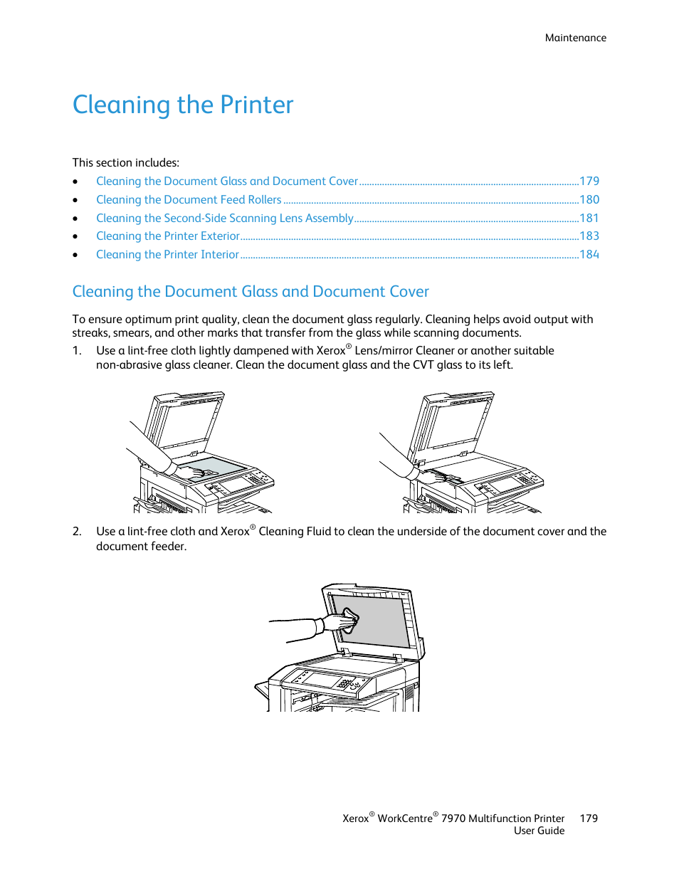 Cleaning the printer, Cleaning the document glass and document cover | Xerox WorkCentre 7970-3795 User Manual | Page 179 / 316