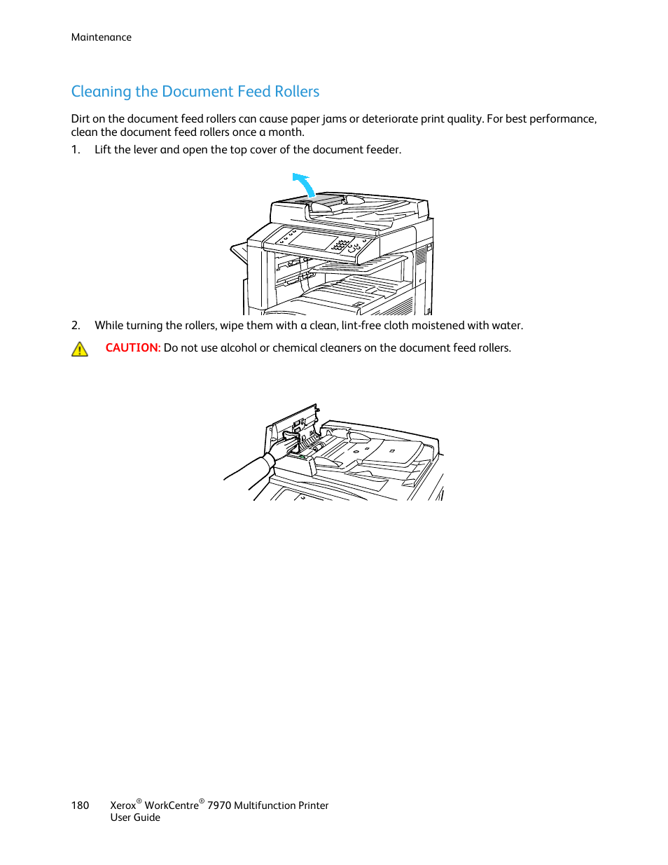 Cleaning the document feed rollers | Xerox WorkCentre 7970-3795 User Manual | Page 180 / 316