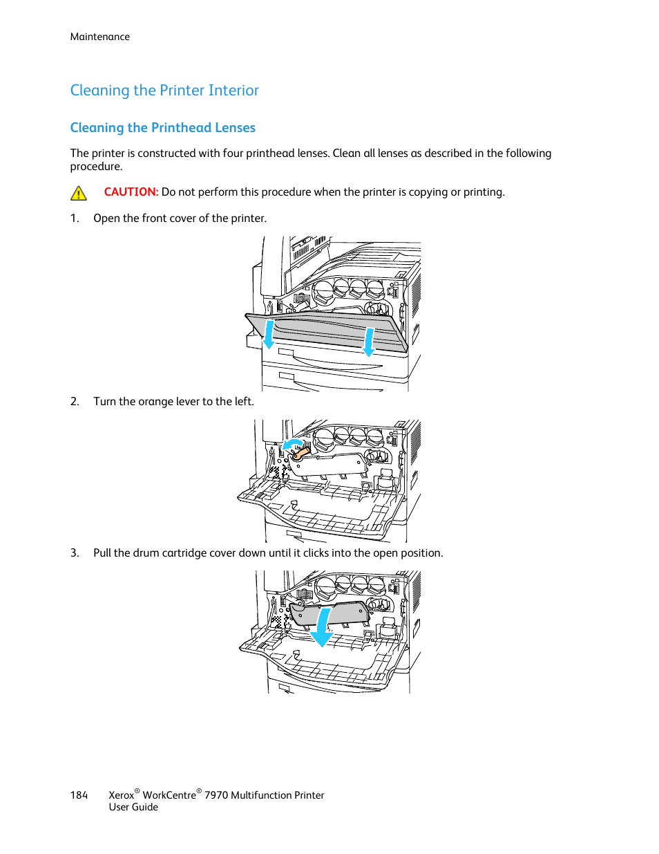 Cleaning the printer interior, Cleaning the printhead lenses | Xerox WorkCentre 7970-3795 User Manual | Page 184 / 316