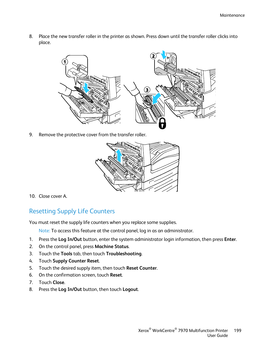 Resetting supply life counters | Xerox WorkCentre 7970-3795 User Manual | Page 199 / 316