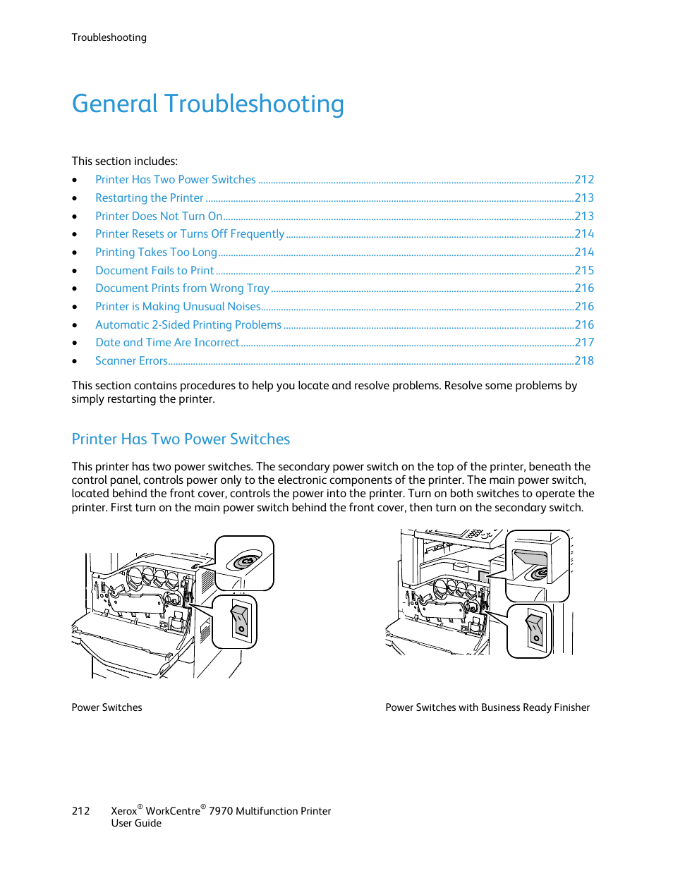 General troubleshooting, Printer has two power switches | Xerox WorkCentre 7970-3795 User Manual | Page 212 / 316