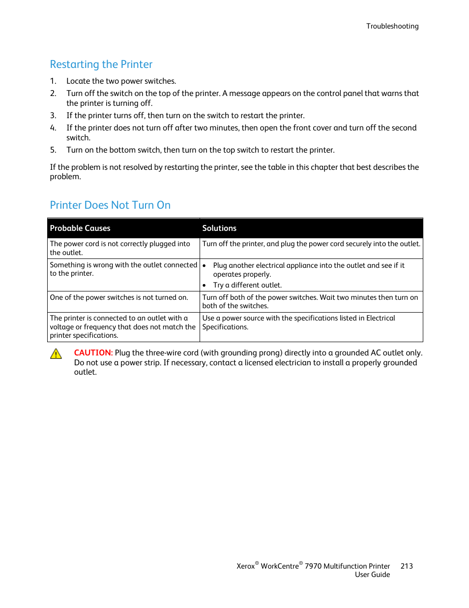 Restarting the printer, Printer does not turn on | Xerox WorkCentre 7970-3795 User Manual | Page 213 / 316