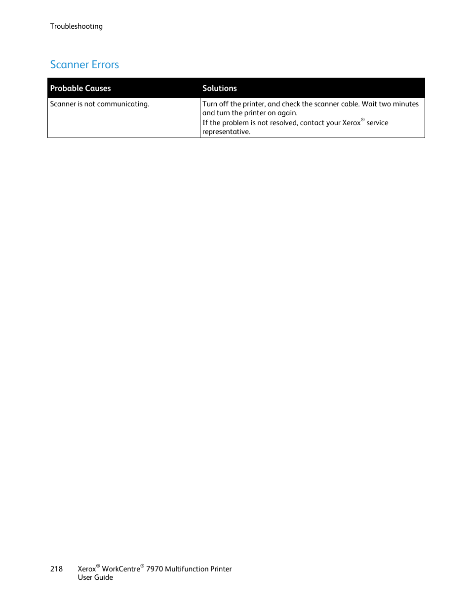 Scanner errors | Xerox WorkCentre 7970-3795 User Manual | Page 218 / 316