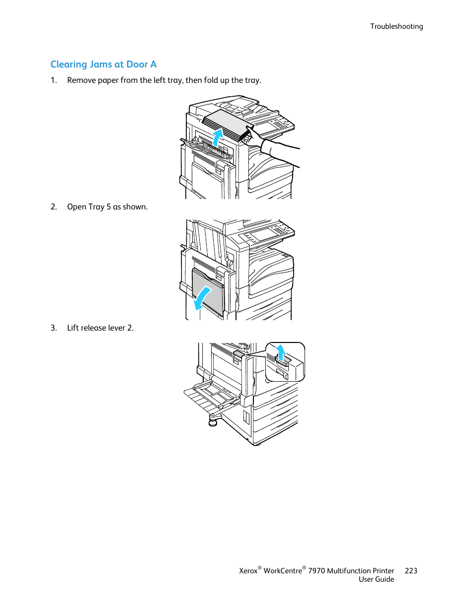 Clearing jams at door a | Xerox WorkCentre 7970-3795 User Manual | Page 223 / 316