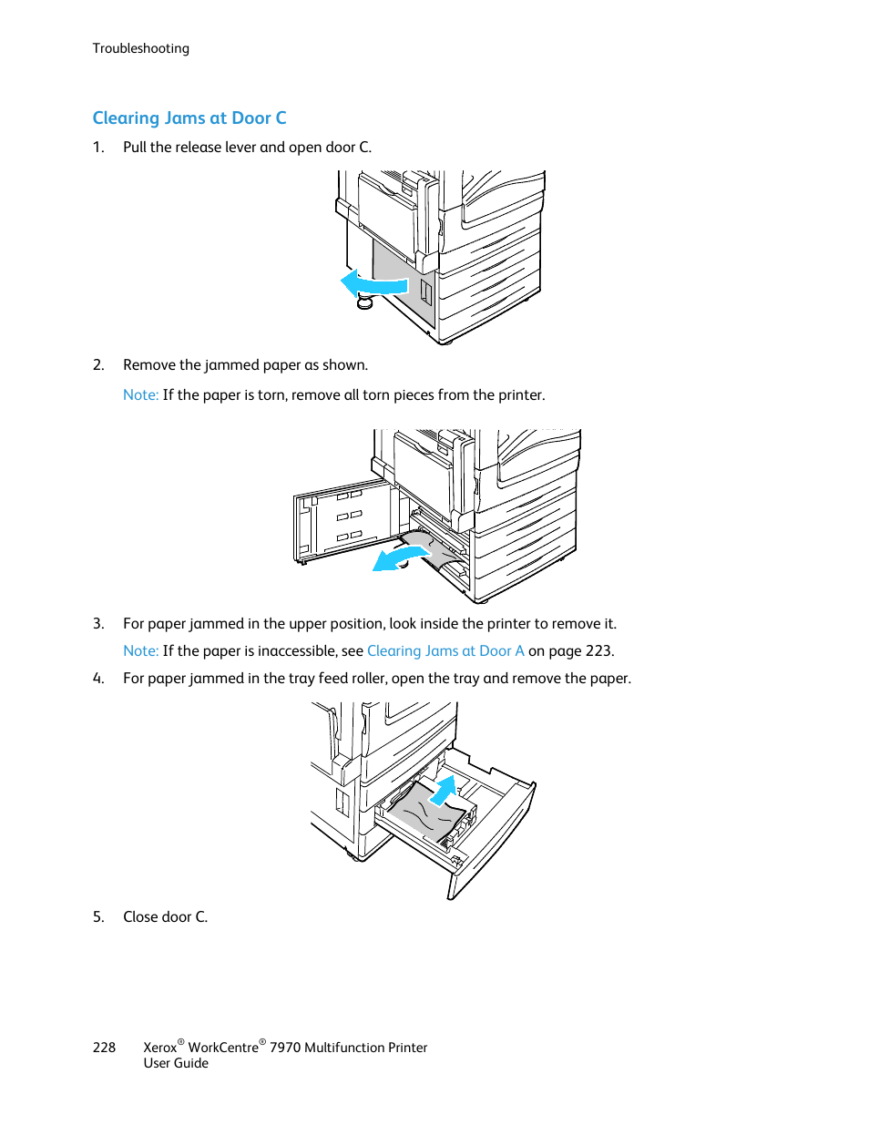 Clearing jams at door c | Xerox WorkCentre 7970-3795 User Manual | Page 228 / 316