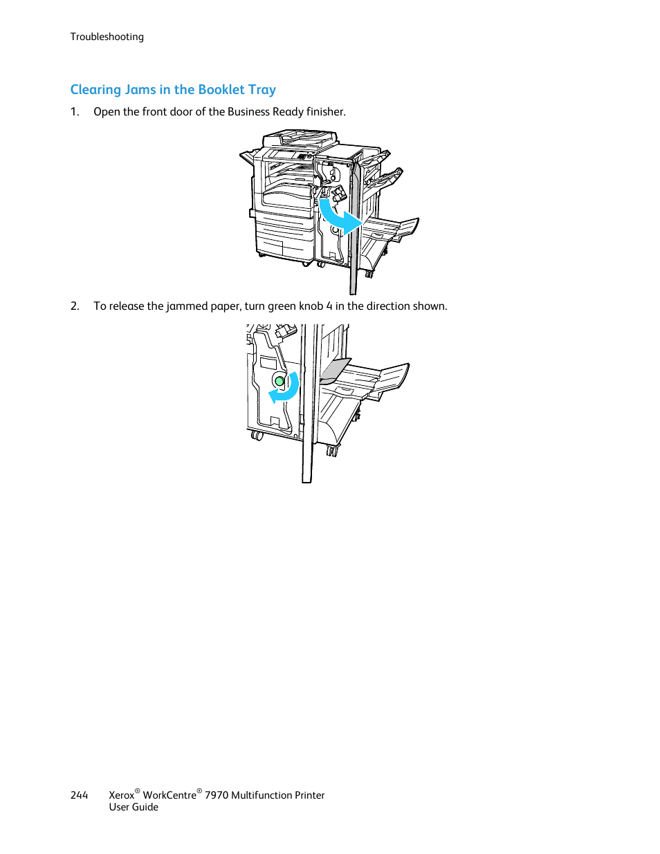 Clearing jams in the booklet tray | Xerox WorkCentre 7970-3795 User Manual | Page 244 / 316
