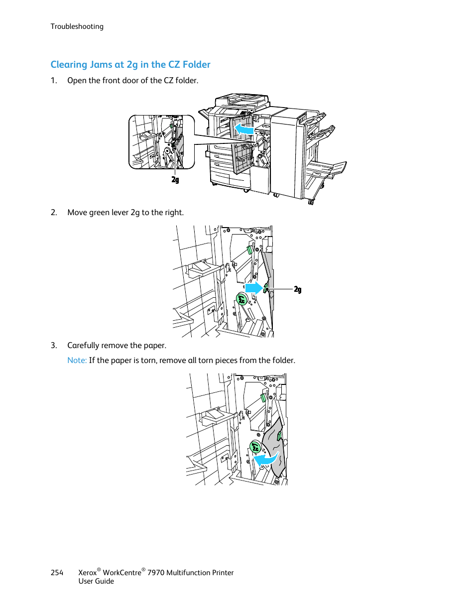 Clearing jams at 2g in the cz folder | Xerox WorkCentre 7970-3795 User Manual | Page 254 / 316