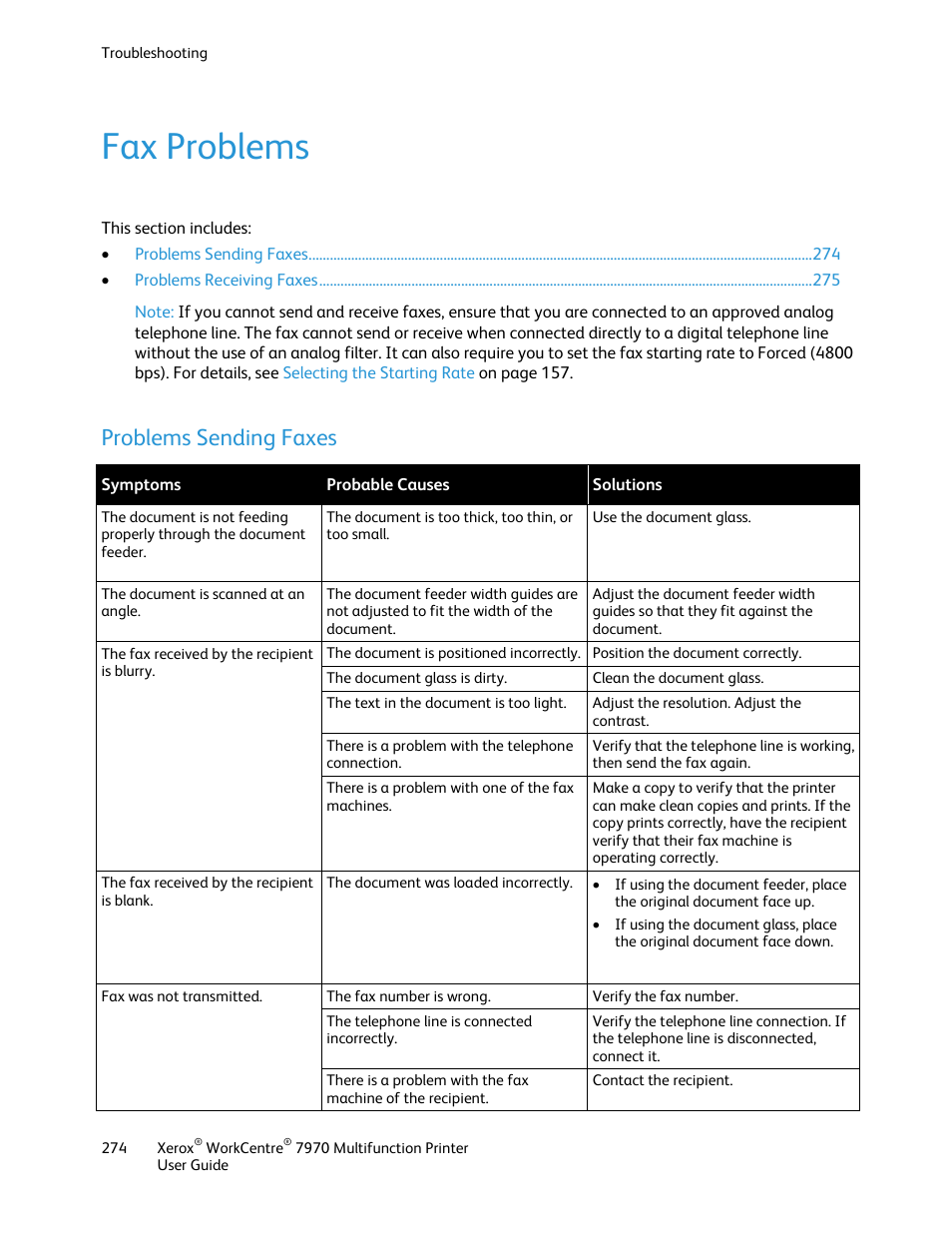Fax problems, Problems sending faxes | Xerox WorkCentre 7970-3795 User Manual | Page 274 / 316