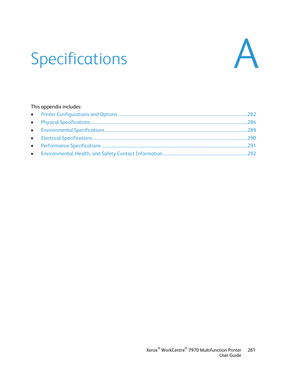 Specifications | Xerox WorkCentre 7970-3795 User Manual | Page 281 / 316