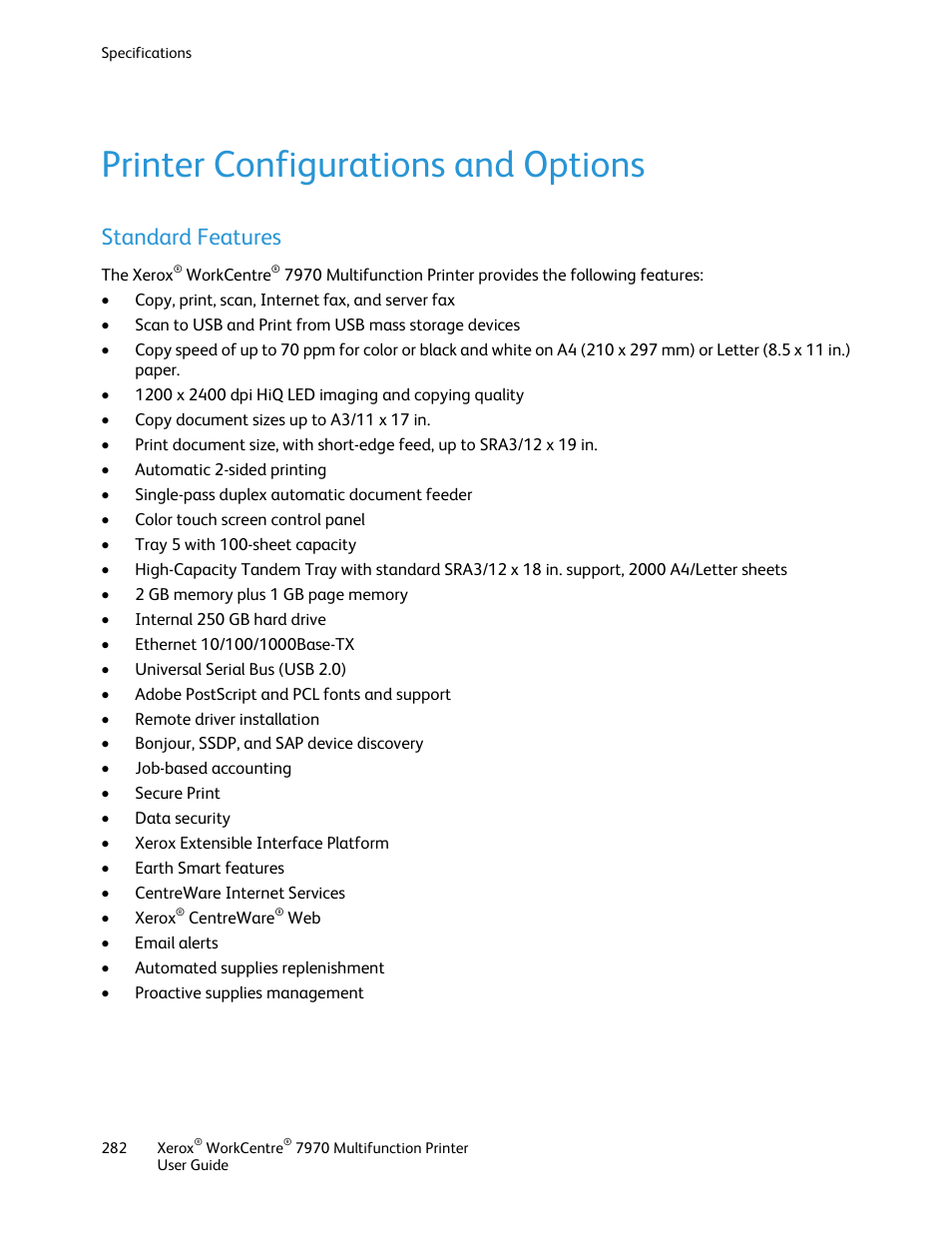 Printer configurations and options, Standard features | Xerox WorkCentre 7970-3795 User Manual | Page 282 / 316
