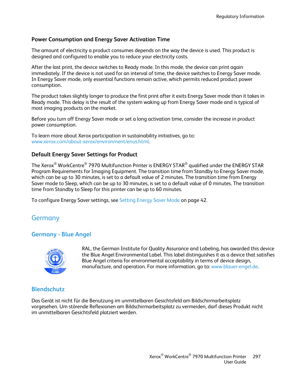 Power consumption and energy saver activation time, Default energy saver settings for product, Germany | Germany - blue angel, Blendschutz | Xerox WorkCentre 7970-3795 User Manual | Page 297 / 316