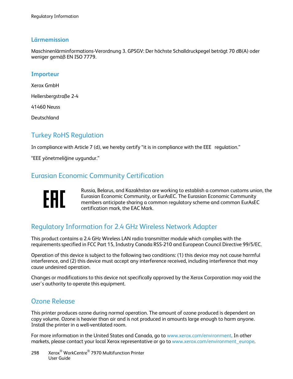 Lärmemission, Importeur, Turkey rohs regulation | Eurasian economic community certification, Ozone release | Xerox WorkCentre 7970-3795 User Manual | Page 298 / 316