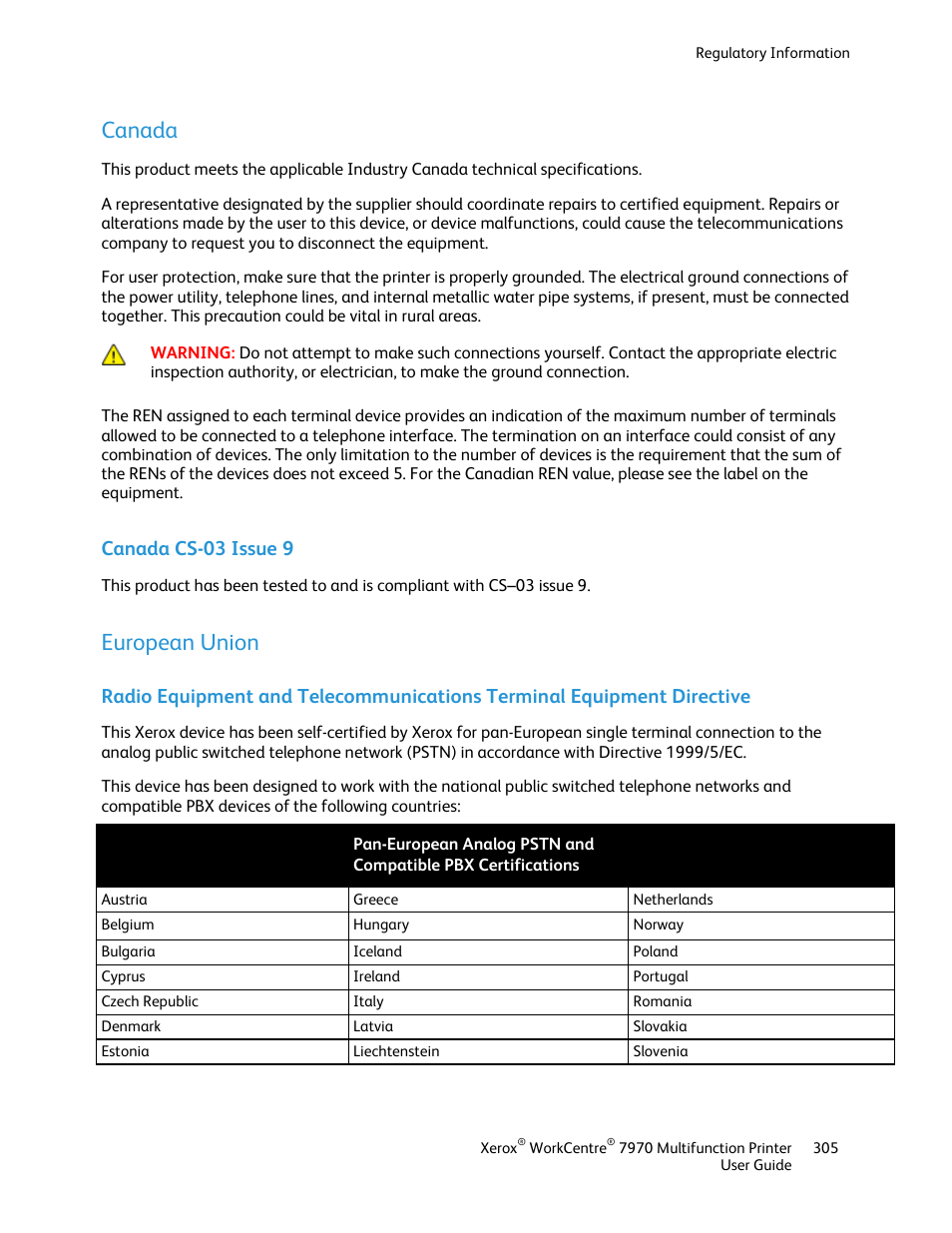 Canada, Canada cs-03 issue 9, European union | Xerox WorkCentre 7970-3795 User Manual | Page 305 / 316
